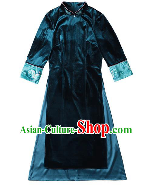 Chinese Traditional Embroidered Blue Velvet Qipao Dress Tang Suit Cheongsam Costume