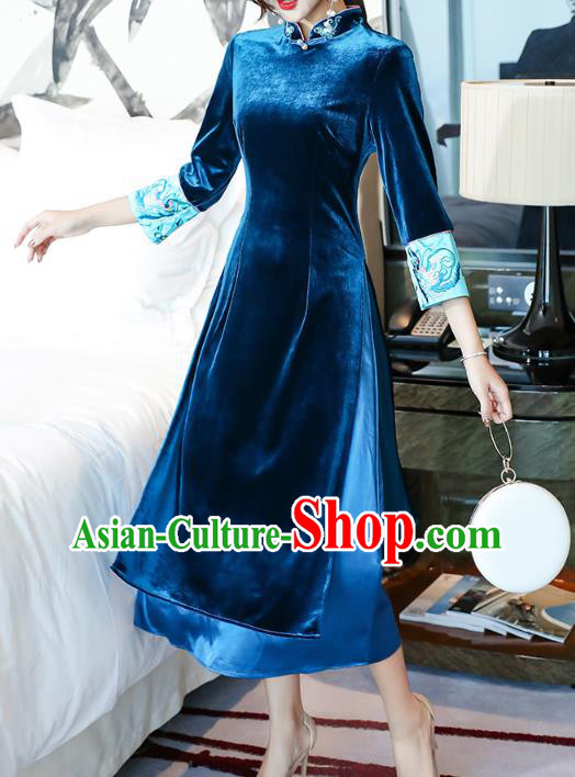 Chinese Traditional Embroidered Blue Velvet Qipao Dress Tang Suit Cheongsam Costume