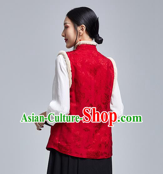 Chinese Traditional Tang Suit Upper Outer Garment National Red Brocade Cotton Wadded Vest