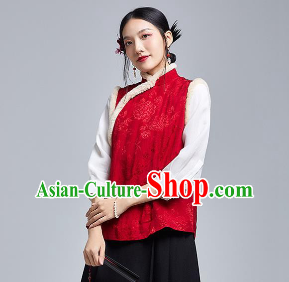 Chinese Traditional Tang Suit Upper Outer Garment National Red Brocade Cotton Wadded Vest
