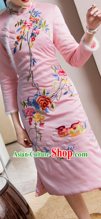 Chinese Tang Suit Cheongsam Bride Costume Traditional Wedding Embroidered Pink Qipao Dress