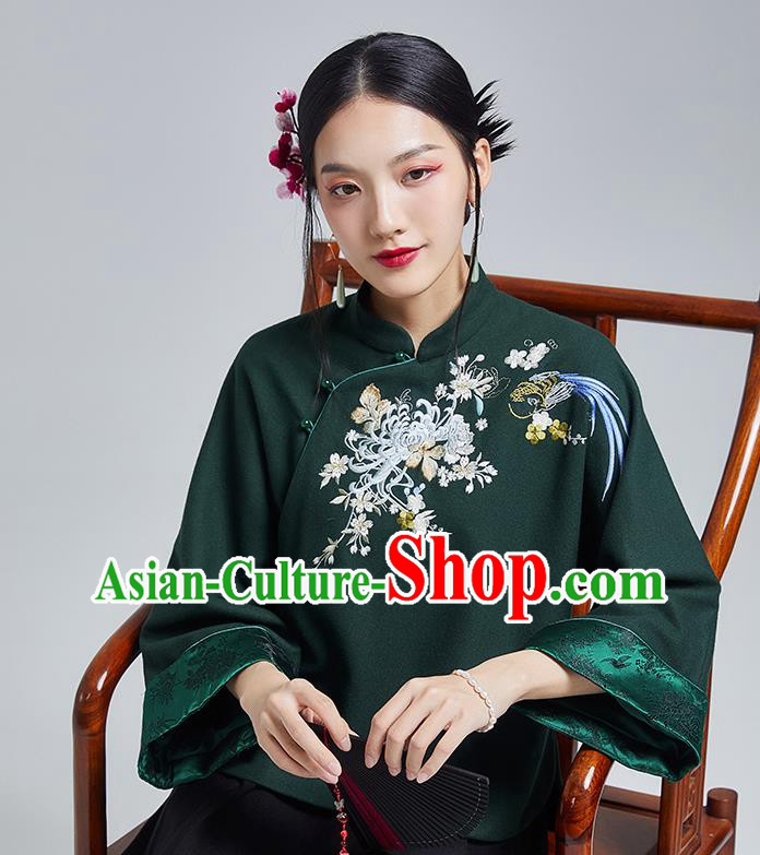 Chinese Traditional Tang Suit Embroidered Chrysanthemum Outer Garment National Atrovirens Woolen Cotton Wadded Jacket