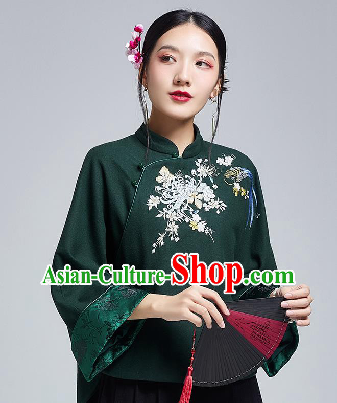 Chinese Traditional Tang Suit Embroidered Chrysanthemum Outer Garment National Atrovirens Woolen Cotton Wadded Jacket