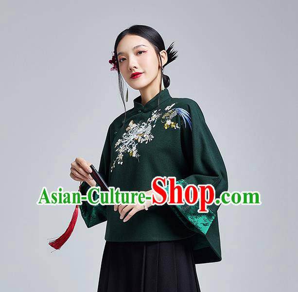 Chinese Traditional Tang Suit Embroidered Chrysanthemum Outer Garment National Atrovirens Woolen Cotton Wadded Jacket