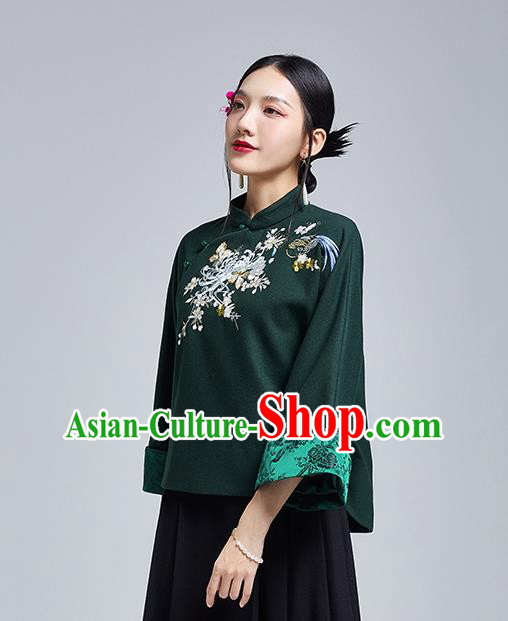 Chinese Traditional Tang Suit Embroidered Chrysanthemum Outer Garment National Atrovirens Woolen Cotton Wadded Jacket