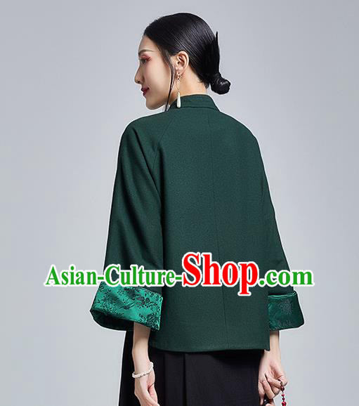 Chinese Traditional Tang Suit Embroidered Chrysanthemum Outer Garment National Atrovirens Woolen Cotton Wadded Jacket
