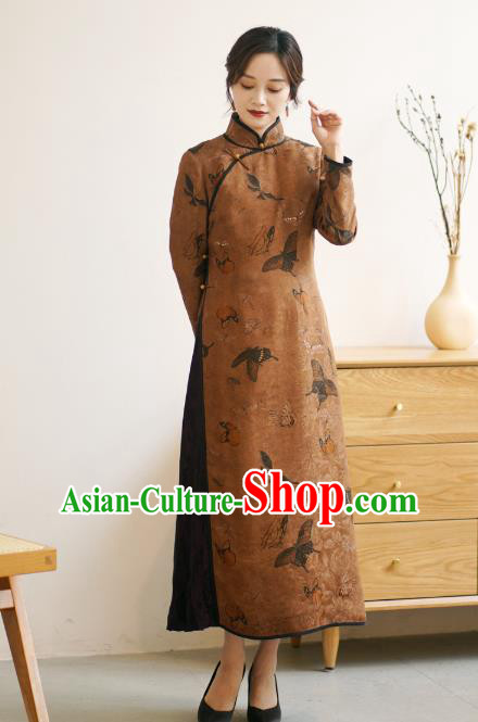 Republic of China Classical Butterfly Pattern Design Qipao Dress Top Brown Silk Female Cheongsam