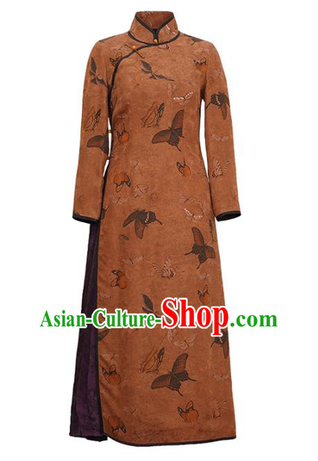 Republic of China Classical Butterfly Pattern Design Qipao Dress Top Brown Silk Female Cheongsam