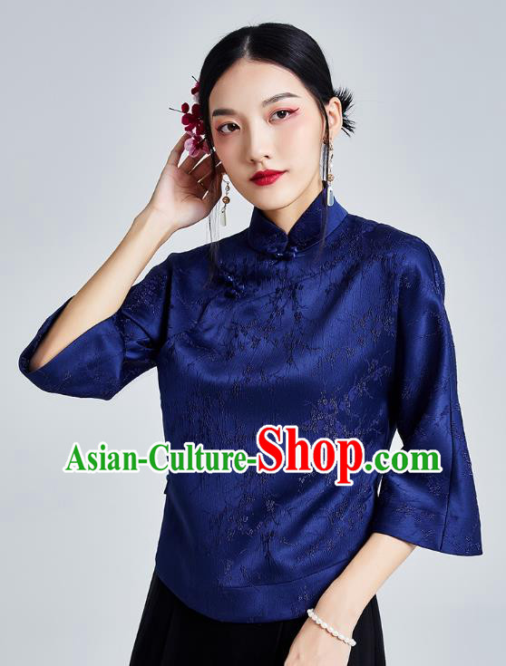 Chinese Traditional Tang Suit Upper Outer Garment Shirt Classical Cheongsam Royalblue Brocade Blouse