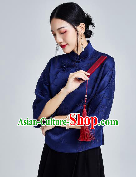 Chinese Traditional Tang Suit Upper Outer Garment Shirt Classical Cheongsam Royalblue Brocade Blouse
