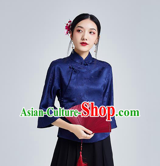 Chinese Traditional Tang Suit Upper Outer Garment Shirt Classical Cheongsam Royalblue Brocade Blouse