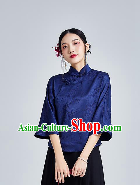 Chinese Traditional Tang Suit Upper Outer Garment Shirt Classical Cheongsam Royalblue Brocade Blouse