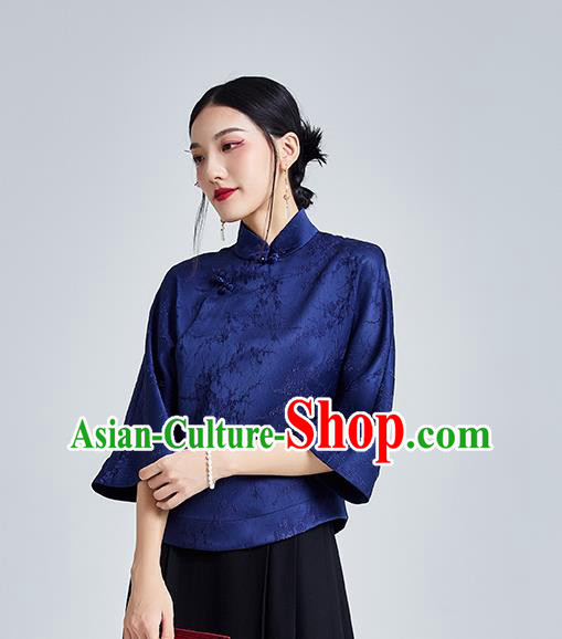 Chinese Traditional Tang Suit Upper Outer Garment Shirt Classical Cheongsam Royalblue Brocade Blouse