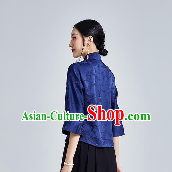 Chinese Traditional Tang Suit Upper Outer Garment Shirt Classical Cheongsam Royalblue Brocade Blouse