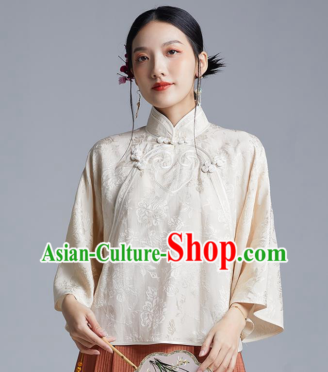 Chinese Classical Cheongsam Beige Silk Blouse Traditional Tang Suit Shirt Upper Outer Garment