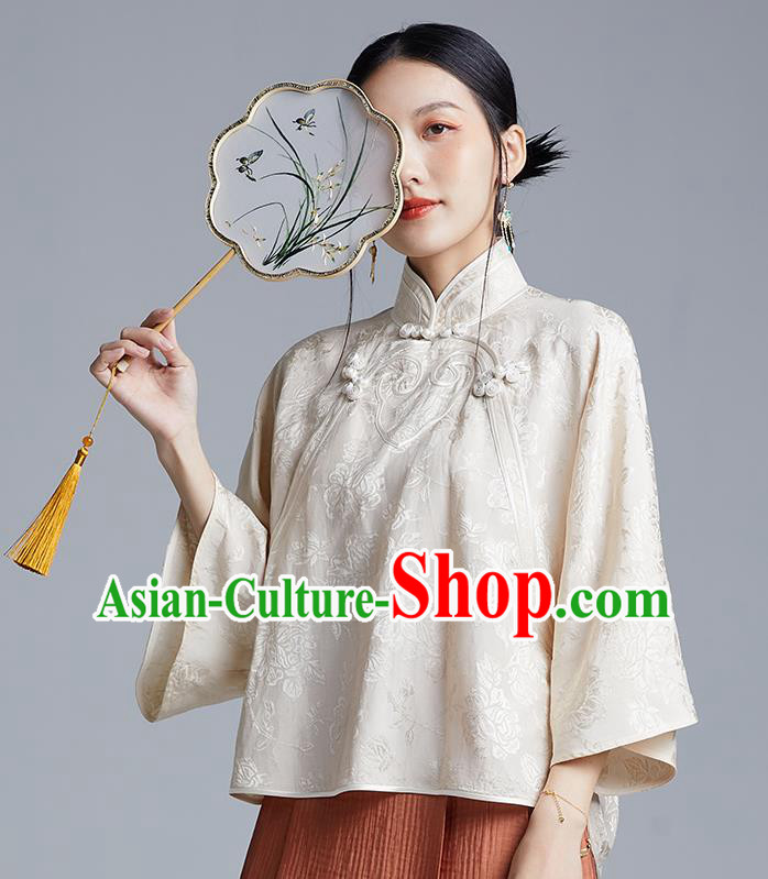 Chinese Classical Cheongsam Beige Silk Blouse Traditional Tang Suit Shirt Upper Outer Garment
