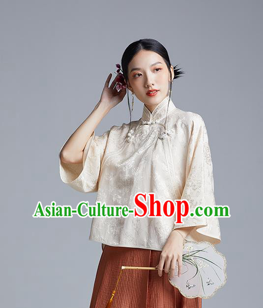 Chinese Classical Cheongsam Beige Silk Blouse Traditional Tang Suit Shirt Upper Outer Garment