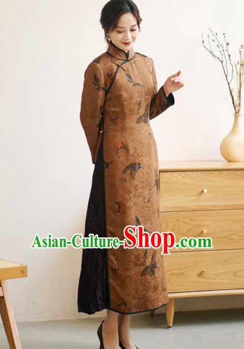 Republic of China Classical Butterfly Pattern Design Qipao Dress Top Brown Silk Female Cheongsam