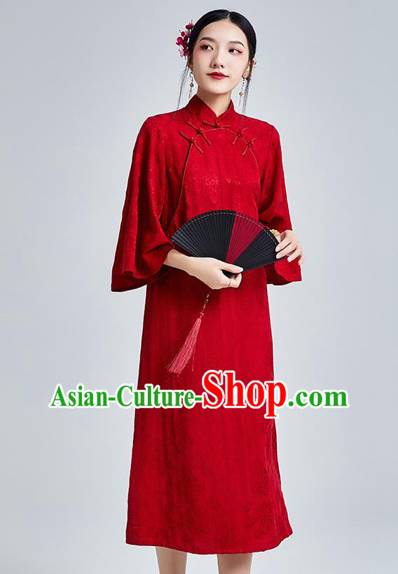China Classical Wide Sleeve Cheongsam Costume Traditional Young Lady Red Brocade Qipao Dress