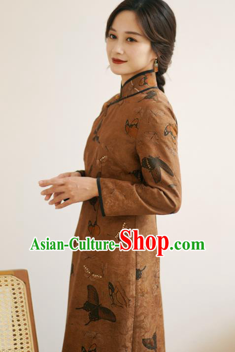Republic of China Classical Butterfly Pattern Design Qipao Dress Top Brown Silk Female Cheongsam