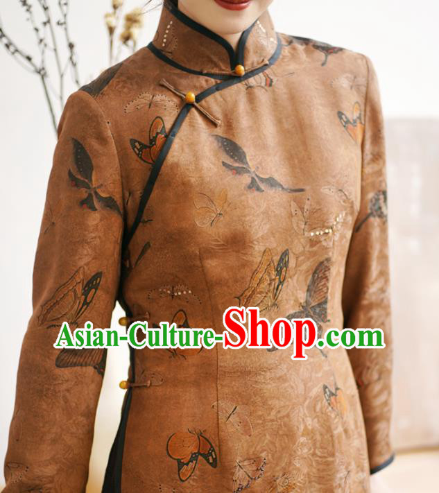 Republic of China Classical Butterfly Pattern Design Qipao Dress Top Brown Silk Female Cheongsam