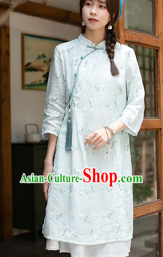 China Classical Light Green Ramie Cheongsam Zen Costume Traditional Young Lady Printing Qipao Dress