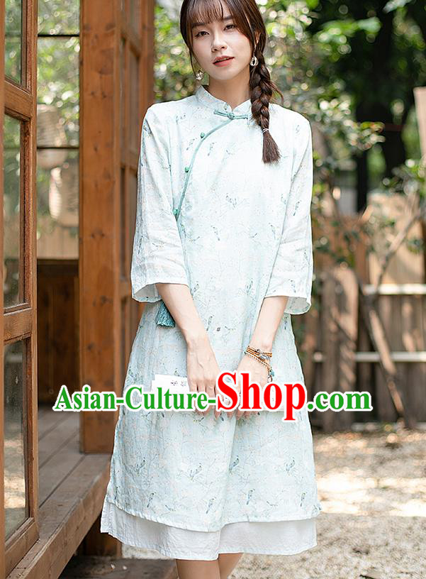 China Classical Light Green Ramie Cheongsam Zen Costume Traditional Young Lady Printing Qipao Dress
