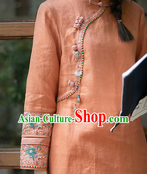 Chinese Traditional Tang Suit Long Shirt Classical Cheongsam Embroidered Orange Flax Blouse