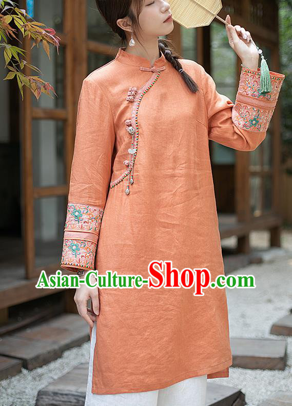 Chinese Traditional Tang Suit Long Shirt Classical Cheongsam Embroidered Orange Flax Blouse