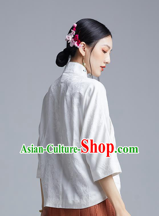 Chinese Traditional Tang Suit Shirt Upper Outer Garment Classical Cheongsam White Silk Blouse