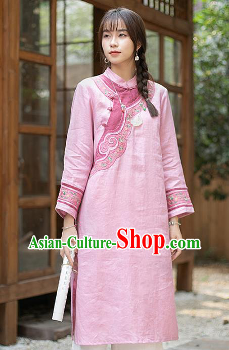 China Classical Embroidered Cheongsam Zen Costume Traditional Young Lady Pink Flax Qipao Dress