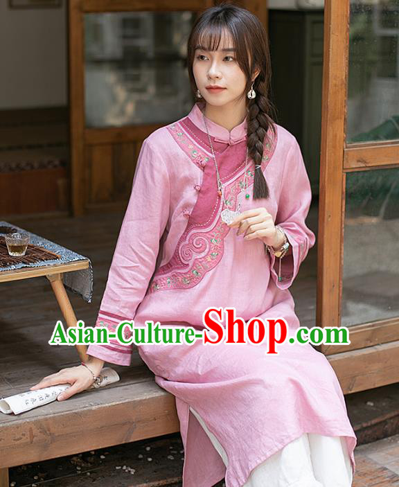 China Classical Embroidered Cheongsam Zen Costume Traditional Young Lady Pink Flax Qipao Dress