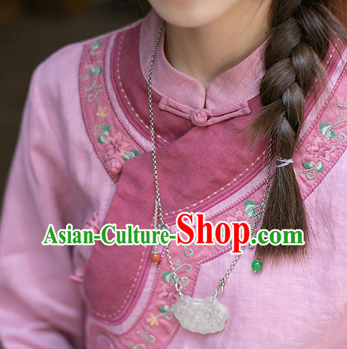 China Classical Embroidered Cheongsam Zen Costume Traditional Young Lady Pink Flax Qipao Dress