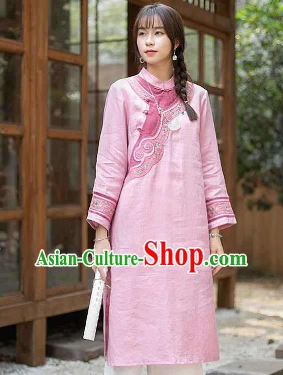China Classical Embroidered Cheongsam Zen Costume Traditional Young Lady Pink Flax Qipao Dress