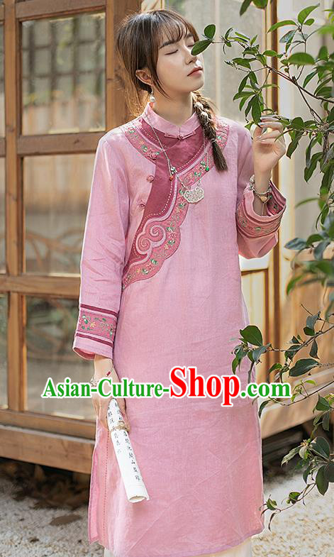 China Classical Embroidered Cheongsam Zen Costume Traditional Young Lady Pink Flax Qipao Dress
