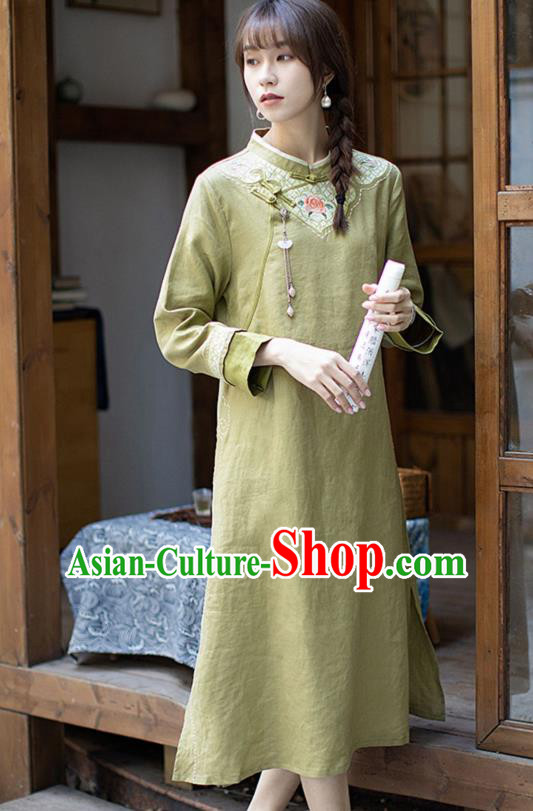 China Classical Embroidered Cheongsam Zen Costume Traditional Young Lady Green Flax Qipao Dress
