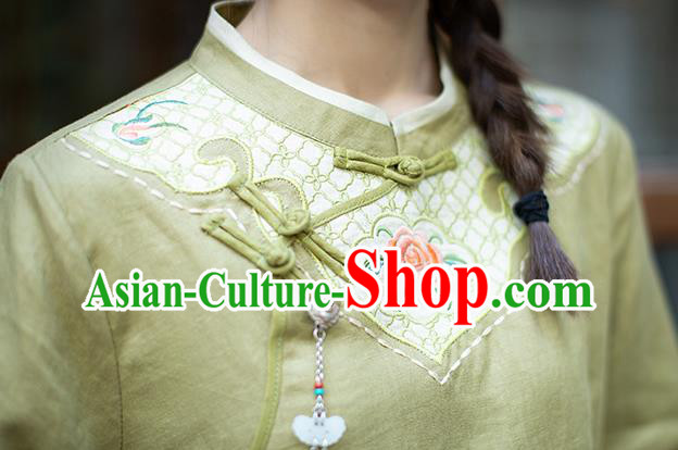 China Classical Embroidered Cheongsam Zen Costume Traditional Young Lady Green Flax Qipao Dress