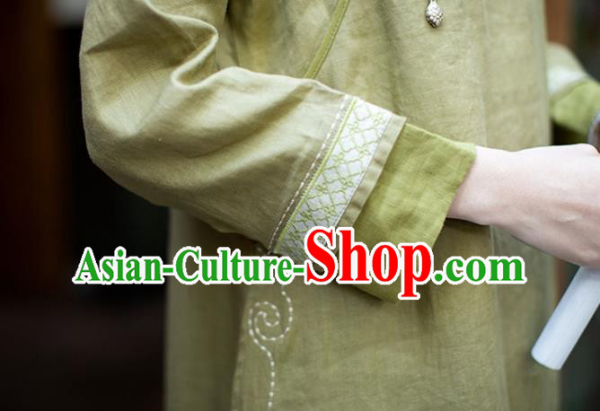 China Classical Embroidered Cheongsam Zen Costume Traditional Young Lady Green Flax Qipao Dress
