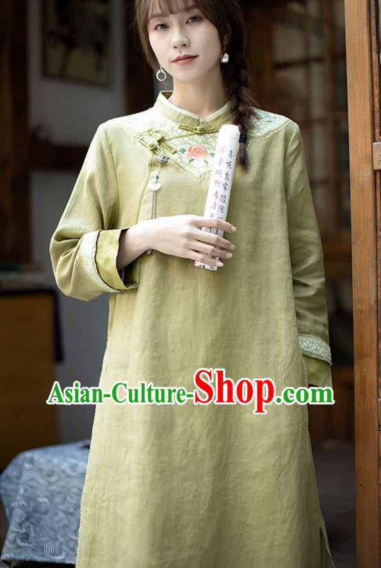 China Classical Embroidered Cheongsam Zen Costume Traditional Young Lady Green Flax Qipao Dress