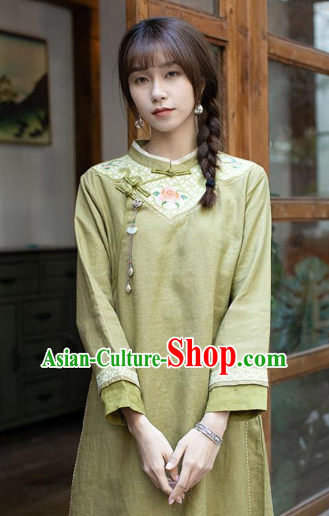 China Classical Embroidered Cheongsam Zen Costume Traditional Young Lady Green Flax Qipao Dress