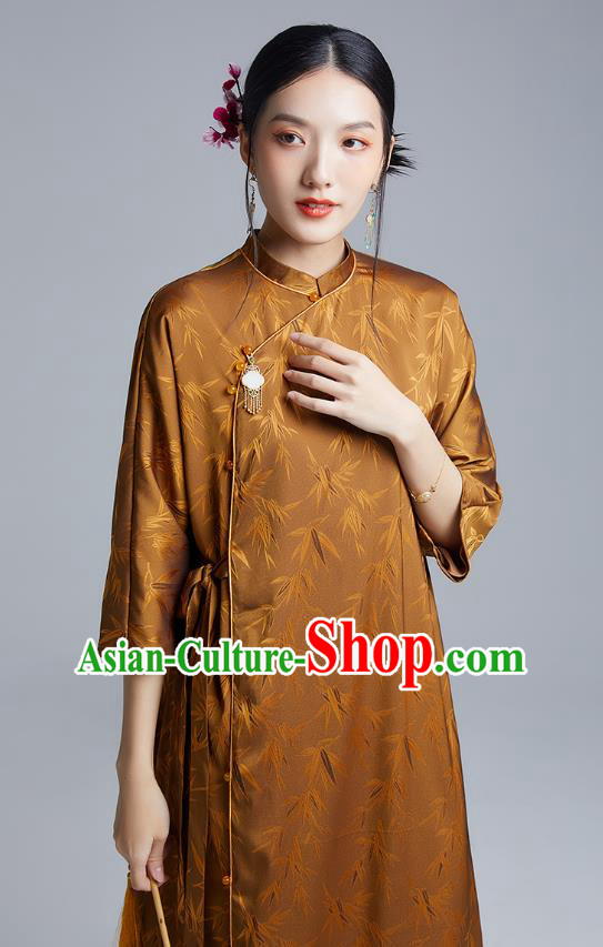 China Classical Bamboo Leaf Pattern Cheongsam Costume Traditional Young Lady Brown Silk Qipao Dress