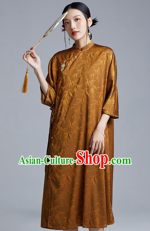 China Classical Bamboo Leaf Pattern Cheongsam Costume Traditional Young Lady Brown Silk Qipao Dress