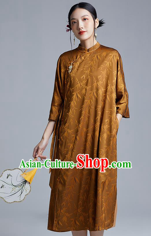 China Classical Bamboo Leaf Pattern Cheongsam Costume Traditional Young Lady Brown Silk Qipao Dress