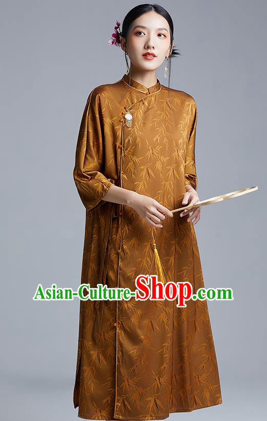 China Classical Bamboo Leaf Pattern Cheongsam Costume Traditional Young Lady Brown Silk Qipao Dress