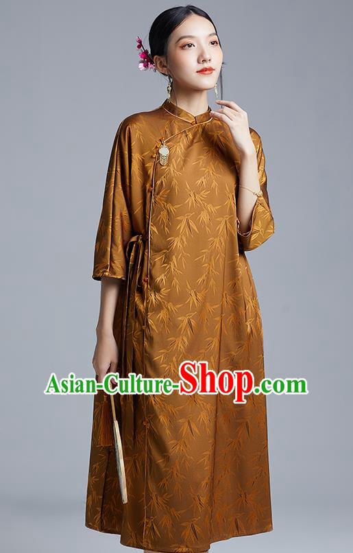 China Classical Bamboo Leaf Pattern Cheongsam Costume Traditional Young Lady Brown Silk Qipao Dress