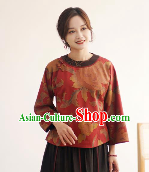 China Traditional Red Watered Gauze Upper Outer Garment Classical Cheongsam Shirt National Silk Shirt