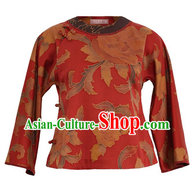 China Traditional Red Watered Gauze Upper Outer Garment Classical Cheongsam Shirt National Silk Shirt