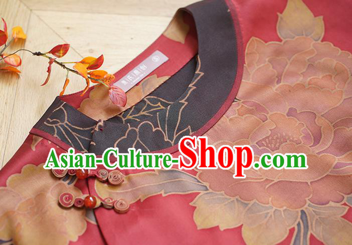 China Traditional Red Watered Gauze Upper Outer Garment Classical Cheongsam Shirt National Silk Shirt