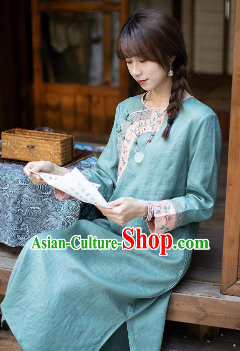 China Classical Embroidered Green Cheongsam Zen Flax Costume Traditional Young Lady Qipao Dress