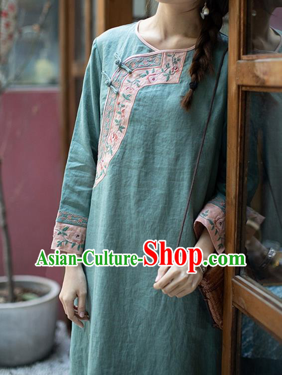 China Classical Embroidered Green Cheongsam Zen Flax Costume Traditional Young Lady Qipao Dress